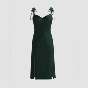 Cider Dark Green Jacquard Midi Dress with Tie Straps